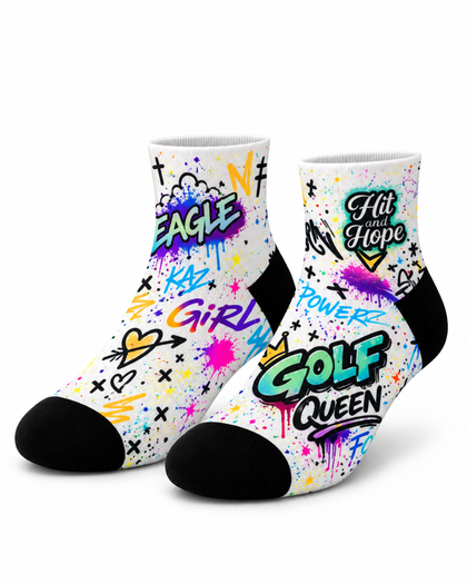 HIT AND HOPE Quarter Socks - Graffiti Golf Queen White Pastel
